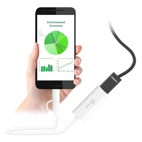 j5create JUA165C Android USB to HDMI Display Adapter - DokkanTech Hand holding a smartphone with an app displaying environmental economics graphs, connected to a white USB-C cable.