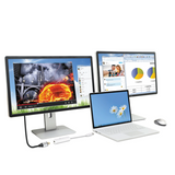 Three computer monitors and a laptop on a white background