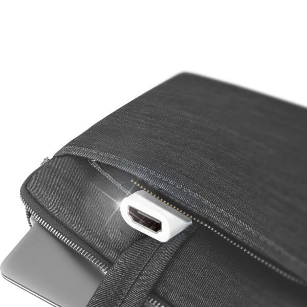 Close-up of a gray laptop sleeve with an HDMI port on a white background