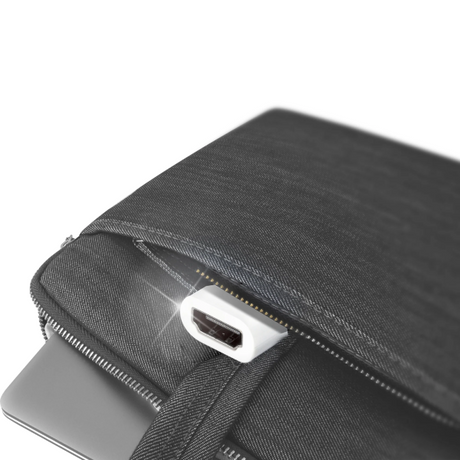 Close-up of a gray laptop sleeve with an HDMI port on a white background