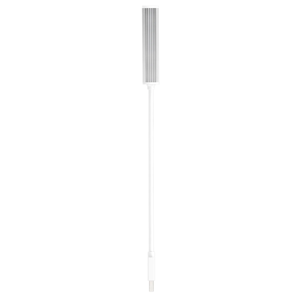 A white and silver electronic device with a long cable, shown vertically against a plain white background.