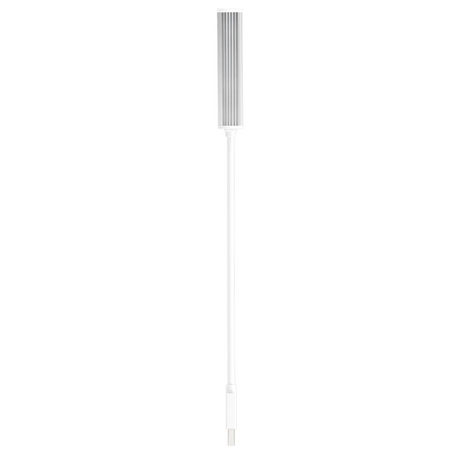 A white and silver electronic device with a long cable, shown vertically against a plain white background.