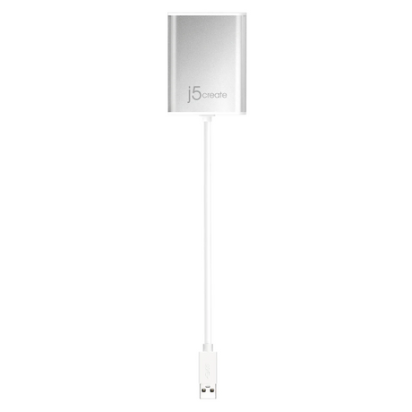 A silver external hard drive enclosure with a white cable and USB connector, branded 'j5 create', shown on a plain white background.