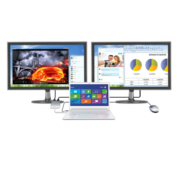 Two monitors displaying different content with a laptop in front on a white background