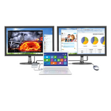 Two monitors displaying different content with a laptop in front on a white background