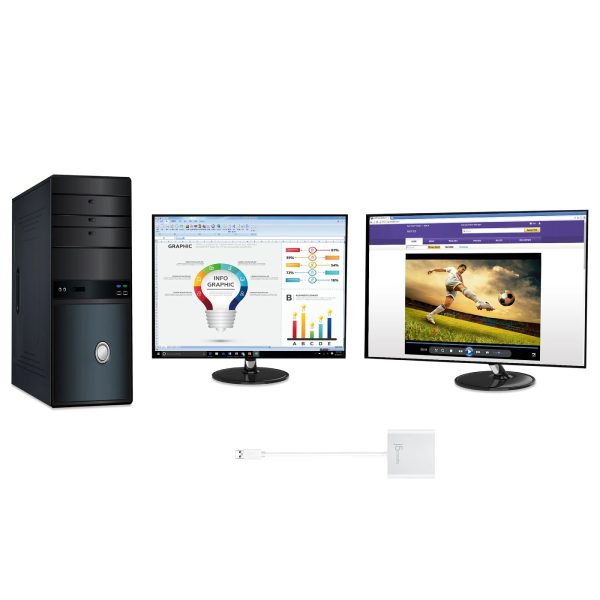 Computer setup with a tower, two monitors, and a keyboard on a white background