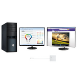 Computer setup with a tower, two monitors, and a keyboard on a white background
