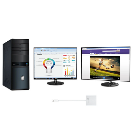 Computer setup with a tower, two monitors, and a keyboard on a white background