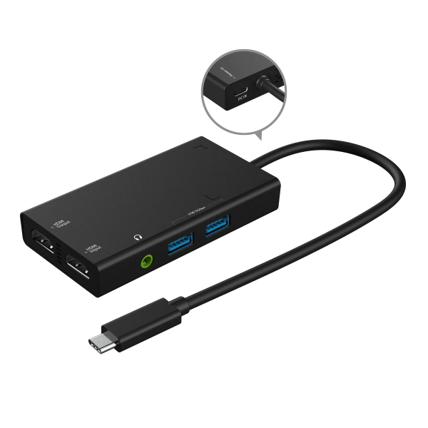 Black USB hub with multiple ports on a white background