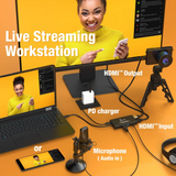 A promotional setup for a live streaming workstation on an orange background, showing a monitor, laptop, phone, camera on a tripod, PD charger, HDMI output/input, microphone, and headphones, with text labels indicating connections and use.