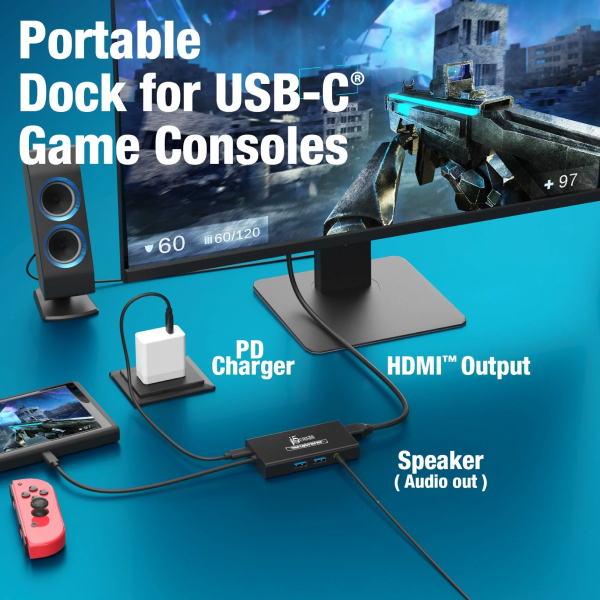 Portable dock for USB-C game consoles with gaming setup on a blue background