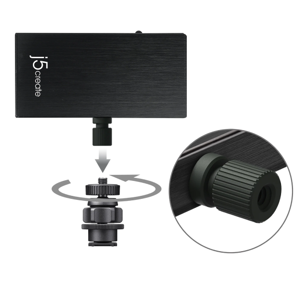 Black LED panel light with adjustable arm and close-up detail on a white background