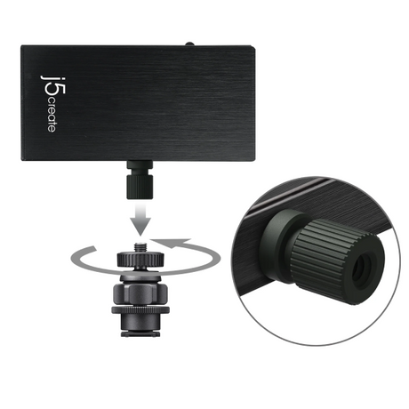 Black LED panel light with adjustable arm and close-up detail on a white background