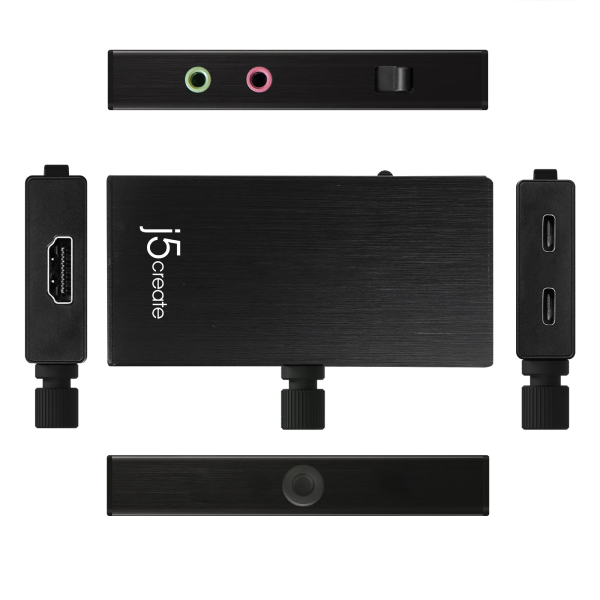 Black J5create video capture adapter kit shown from multiple angles on a white background, including the main metal-look box, HDMI input module, USB-C output module, audio jack module, and front camera bar.