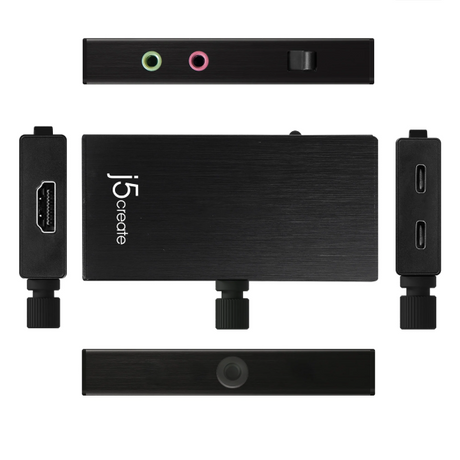 Black J5create video capture adapter kit shown from multiple angles on a white background, including the main metal-look box, HDMI input module, USB-C output module, audio jack module, and front camera bar.