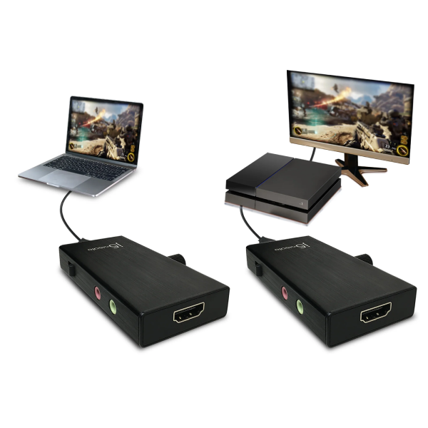 Two black HDMI extenders connected to a laptop and monitor on a white background