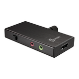 Black audio adapter with multiple ports on a white background