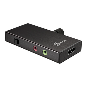Black audio adapter with multiple ports on a white background