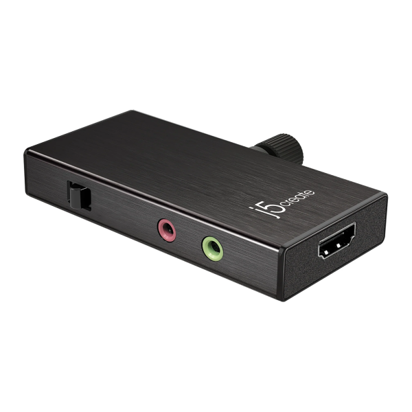 Black audio adapter with multiple ports on a white background
