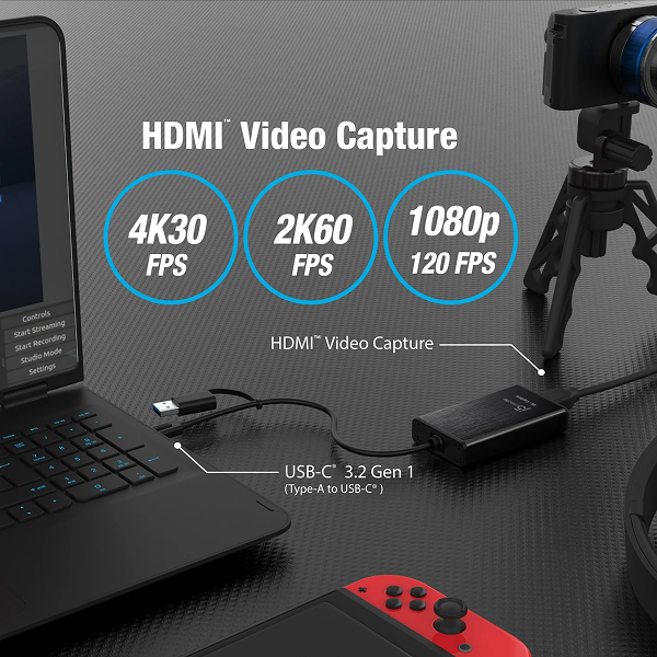 HDMI video capture adapter shown connected to a laptop and camera on a dark textured surface, with text highlighting supported resolutions: 4K 30 FPS, 2K 60 FPS, and 1080p 120 FPS.
