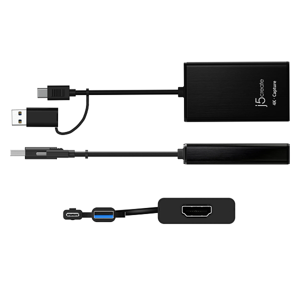 Black USB capture device with multiple connectors on a white background