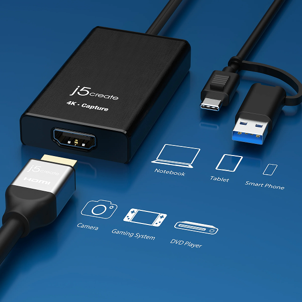 j5 create 4K capture device with cables on a blue background