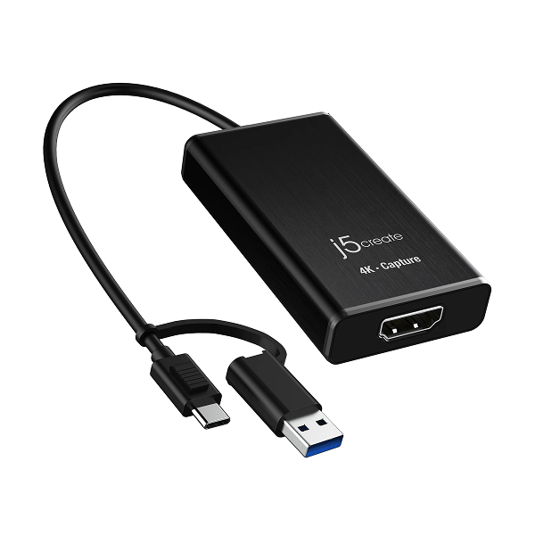 Black USB capture device with HDMI and USB cables on a white background