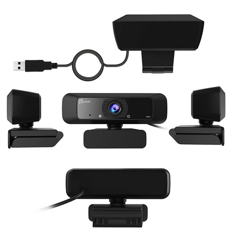 j5create JVCU100 USB HD Webcam with 360° Rotation - DokkanTech Black webcam with USB cable and microphone on a white background