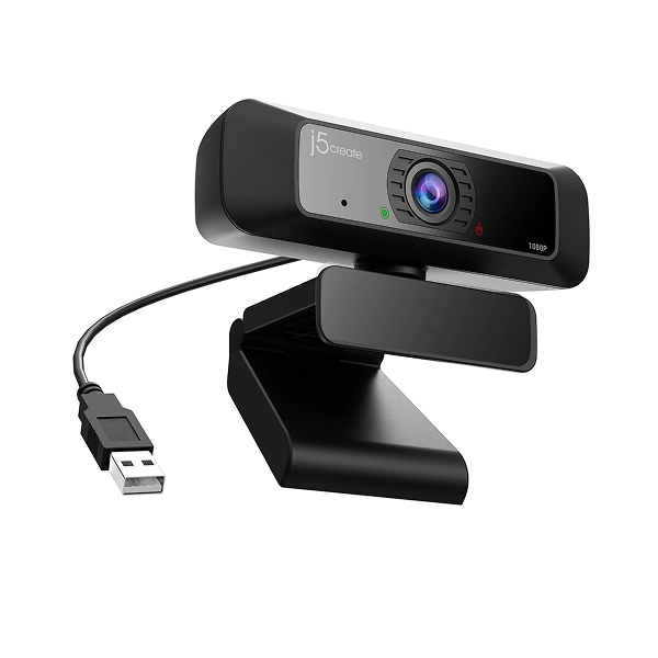 j5create JVCU100 USB HD Webcam with 360° Rotation - DokkanTech Black webcam with USB cable on a white background