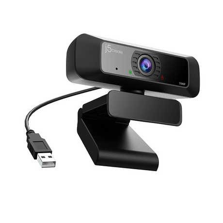 j5create JVCU100 USB HD Webcam with 360° Rotation - DokkanTech Black webcam with USB cable on a white background