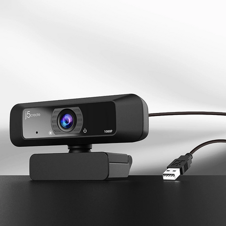j5create JVCU100 USB HD Webcam with 360° Rotation - DokkanTech Black webcam with USB cable on a gray background