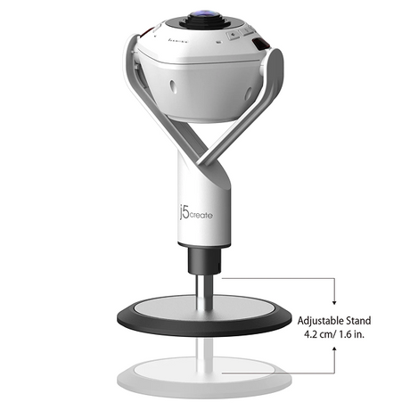 j5create JVU368 360° AI-Powered Webcam with Speakerphone White electronic device with adjustable stand on a white background