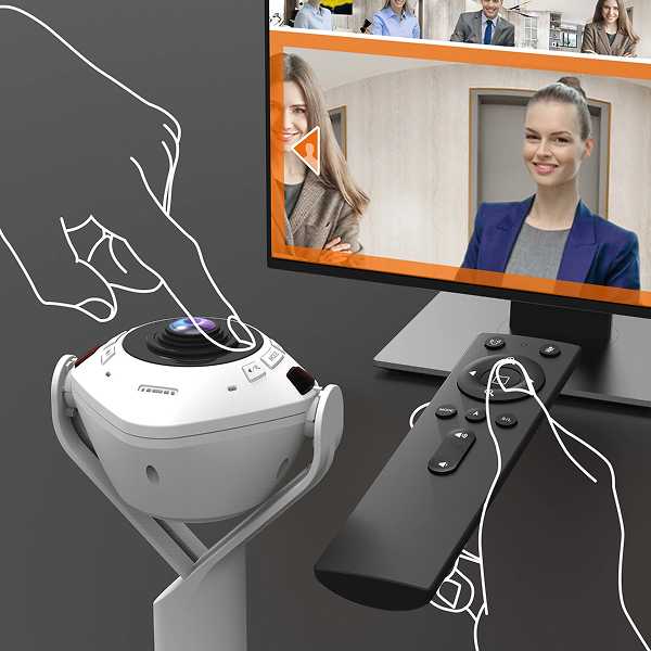 j5create JVU368 360° AI-Powered Webcam with Speakerphone Camera and remote control with a video call interface on a screen