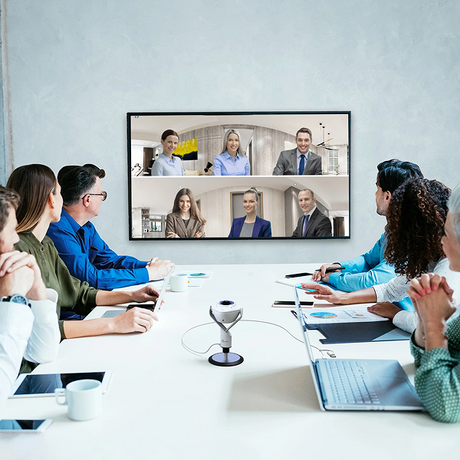 j5create JVU368 360° AI-Powered Webcam with Speakerphone Group of people in a video conference meeting in a modern office setting.
