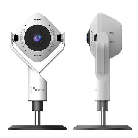 j5create JVU368 360° AI-Powered Webcam with Speakerphone Two security cameras on stands with 'j5 create' branding on a white background