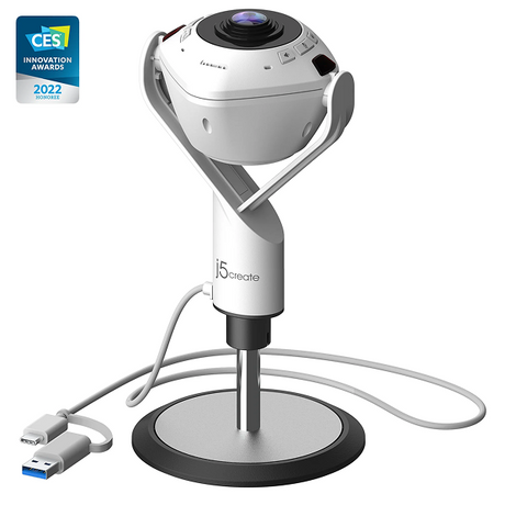 j5create JVU368 360° AI-Powered Webcam with Speakerphone White camera on a stand with USB cable, featuring 'CES Innovation Award 2022' badge.