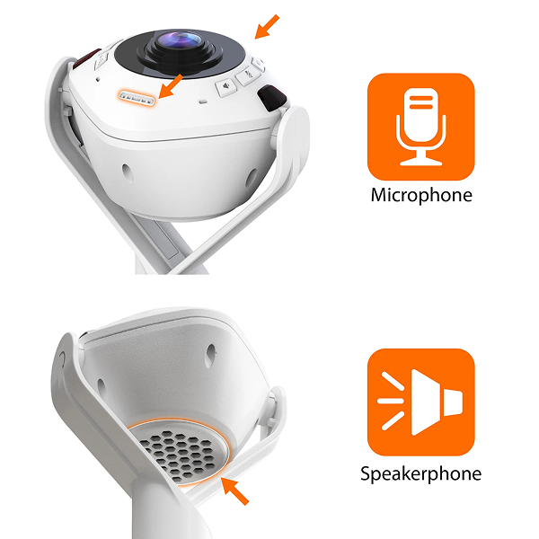 j5create JVU368 360° AI-Powered Webcam with Speakerphone White camera with microphone and speakerphone icons labeled on a white background