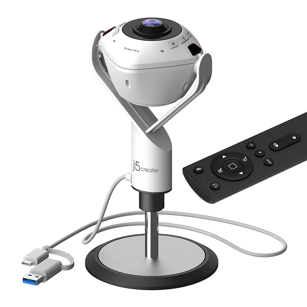 j5create JVU368 360° AI-Powered Webcam with Speakerphone A 15create spherical camera on a silver and black stand, shown with a white USB cable and a black remote control on a white background.