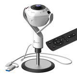 j5create JVU368 360° AI-Powered Webcam with Speakerphone A 15create spherical camera on a silver and black stand, shown with a white USB cable and a black remote control on a white background.