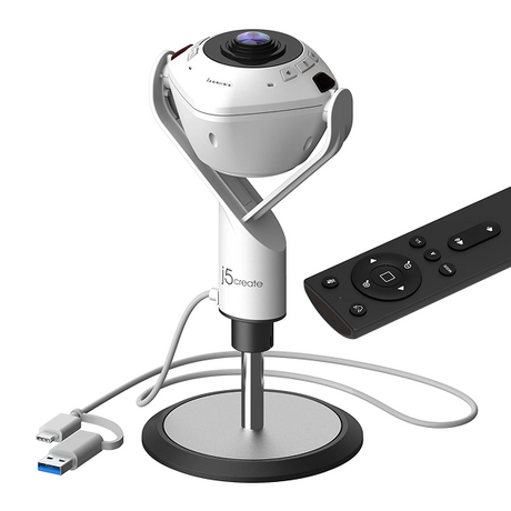 j5create JVU368 360° AI-Powered Webcam with Speakerphone A 15create spherical camera on a silver and black stand, shown with a white USB cable and a black remote control on a white background.