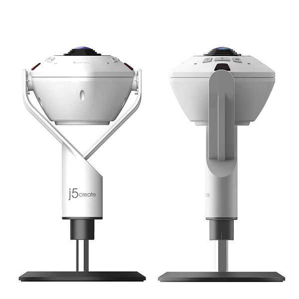 j5create JVU368 360° AI-Powered Webcam with Speakerphone Two 360-degree cameras on stands with 'i5 create' branding on a white background