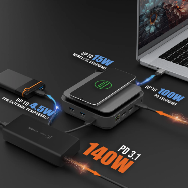 Multifunctional charging hub with laptop on a dark background
