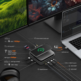 Multifunctional USB-C adapter with multiple ports on a desk setup with monitors and laptop.