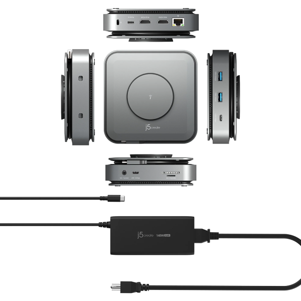 A 15-inch JVC Micro mini PC shown from multiple angles, including top-down, side, and front views, along with its power adapter and cables, all on a solid white background.