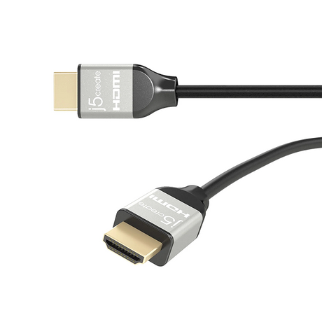 j5create JDC52 Premium High-Speed HDMI®™ Cable with Etherne  (6.6ft)  A black HDMI cable with two connectors shown on a plain white background. One connector has a silver and black housing with a gold-toned HDMI plug, and the other is angled below.