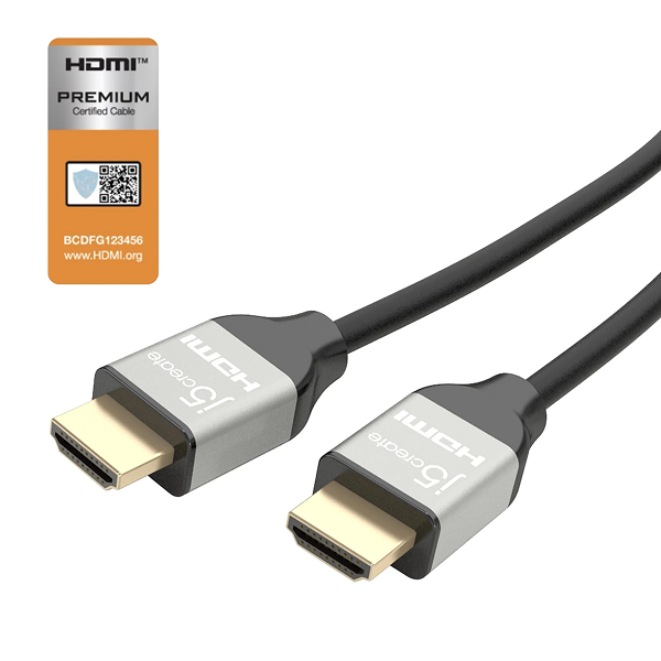 j5create JDC52 Premium High-Speed HDMI®™ Cable with Etherne  (6.6ft) HDMI cable with certification label on a white background