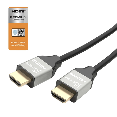 j5create JDC52 Premium High-Speed HDMI®™ Cable with Etherne  (6.6ft) HDMI cable with certification label on a white background