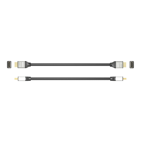 A black HDMI cable shown from two angles on a plain white background, with gold-plated connector ends visible at both ends.