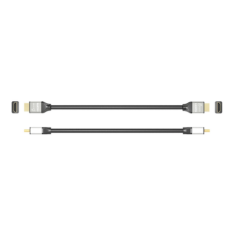 A black HDMI cable shown from two angles on a plain white background, with gold-plated connector ends visible at both ends.