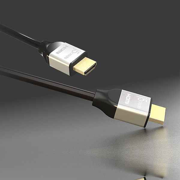 j5create JDC52 Premium High-Speed HDMI®™ Cable with Etherne  (6.6ft)  HDMI cable with gold connectors on a dark gray background